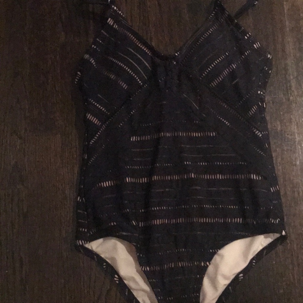 Black crochet like bathing suit with nude lining